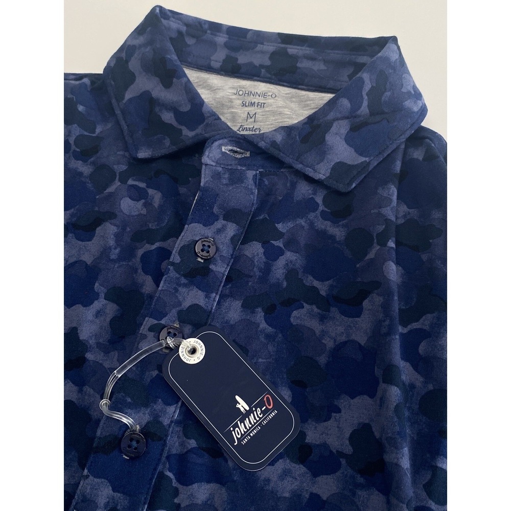 NWT Johnnie O Camino Camo Slim Fit Button Down Golf Polo Shirt Navy Blue Medium